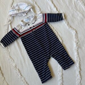 Janie and Jack Vintage Sailor Striped Navy and White One Piece With Hat